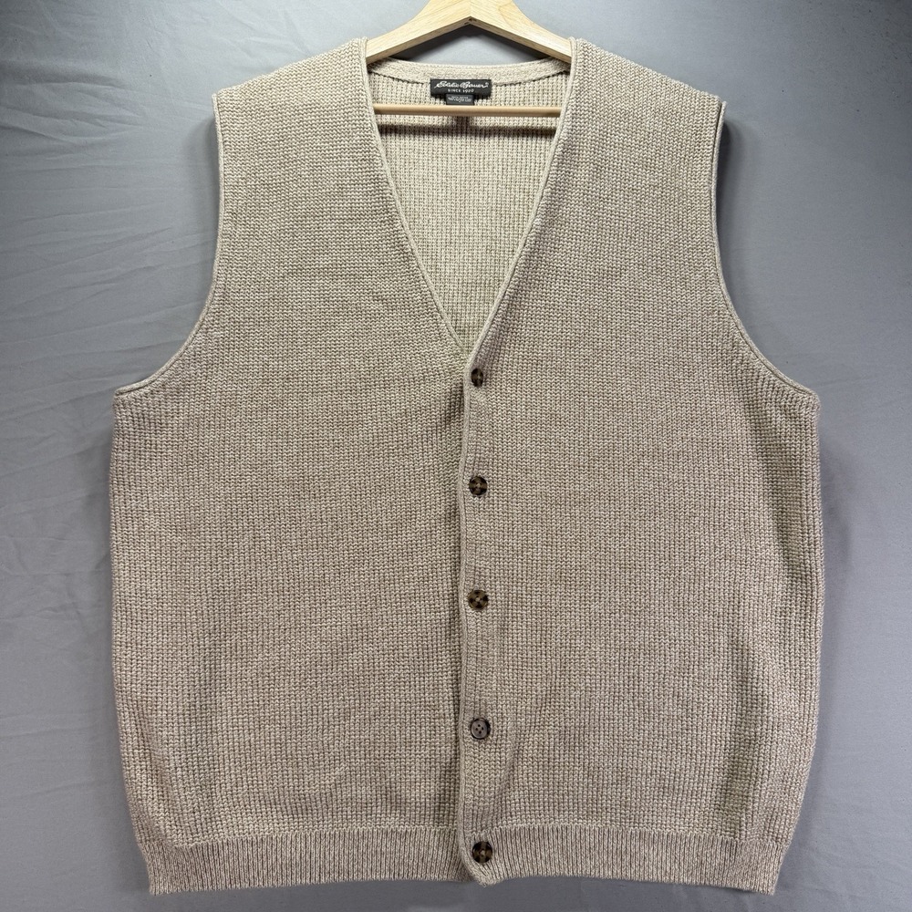 Eddie Bauer Knit Sweater Vest Mens Large Cotton Button Up Grandpa Cabin Cottage